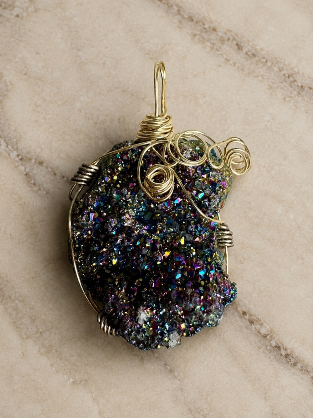 Handcrafted Multicolor Druzy Pendant Necklace - Sterling Plated Wire Wrap